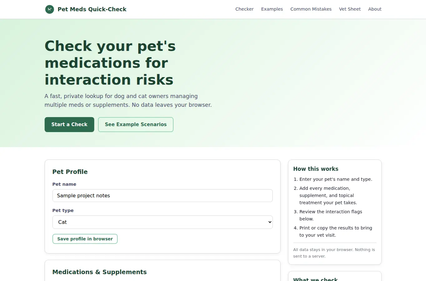 Screenshot of Pet Medication Interaction Quick-Check interface showing the project page in use